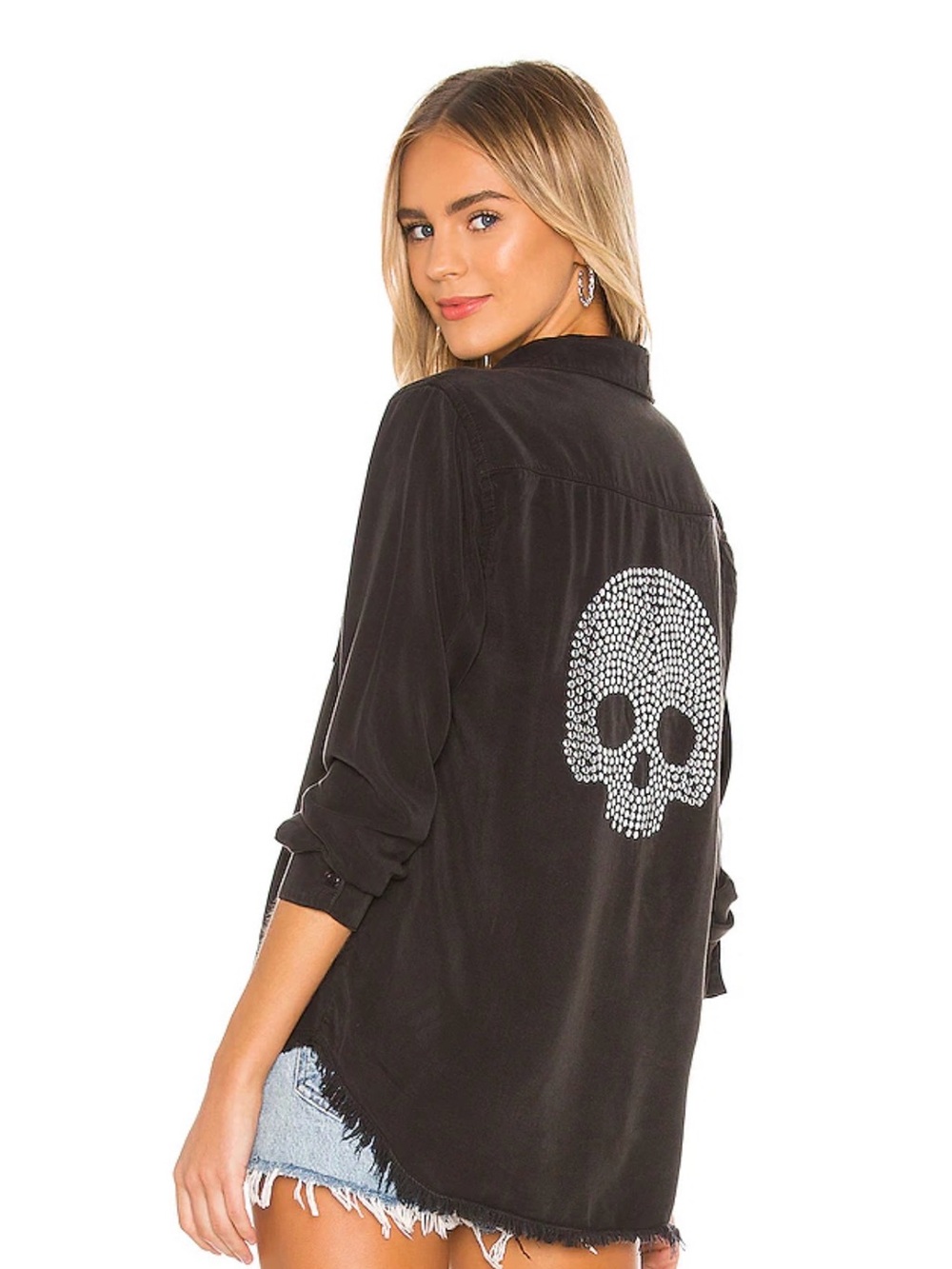 Lauren Moshi Sloane Nailhead Skull Button Down Shirt Black Onyx Size S